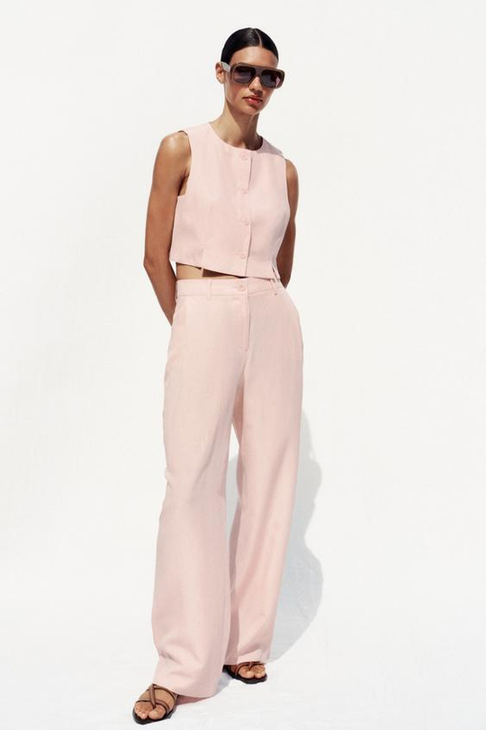 ZARA ШИРОКИЕ БРЮКИ С ЗАЩИПАМИ, РОЗОВЫЙ
