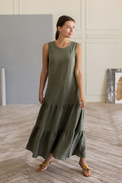 Платье льняное Градиент макси с воланами, цвет олива