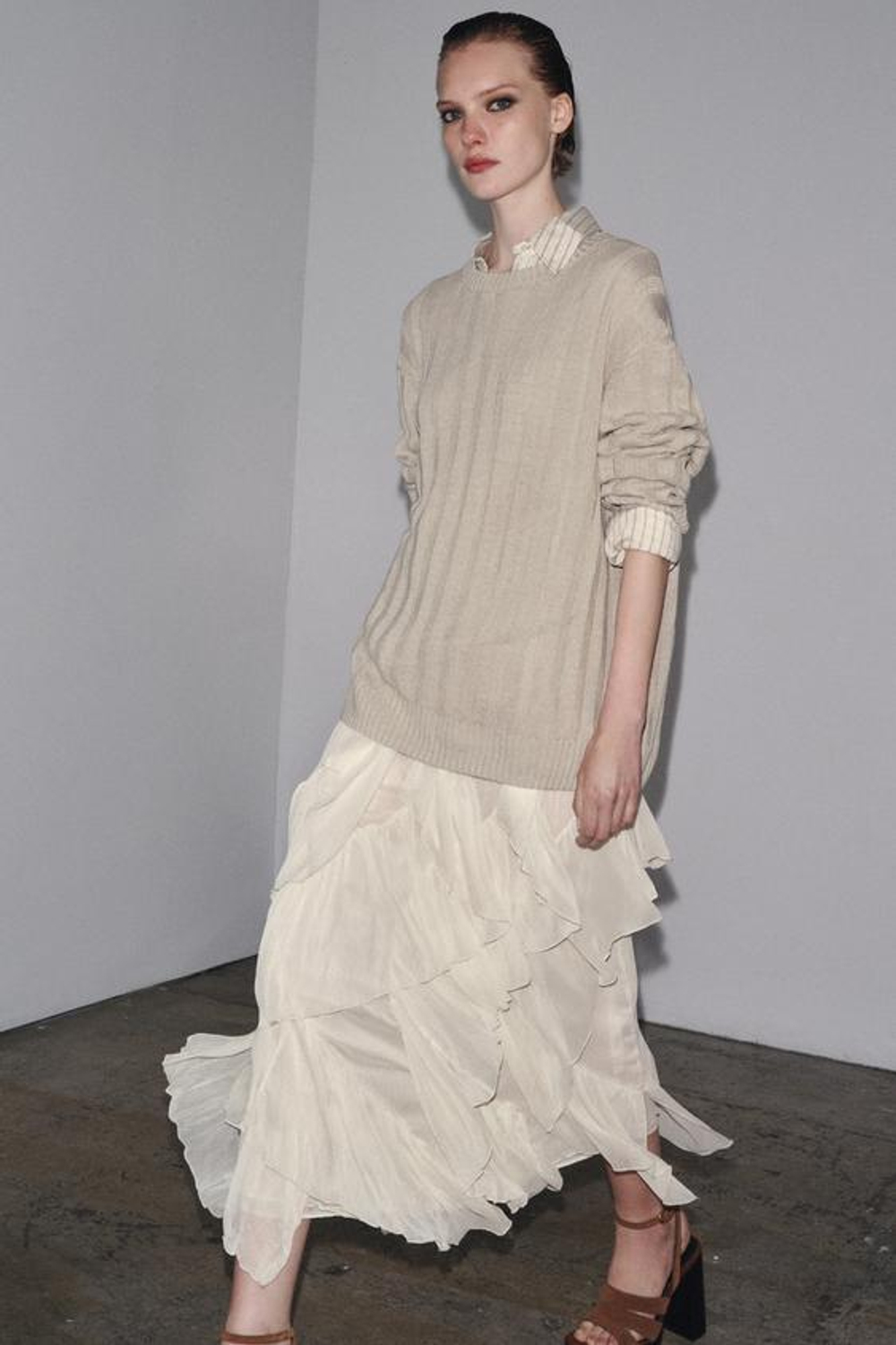 ZARA ЮБКА ИЗ ТКАНИ БАМБУЛА — ZW COLLECTION, ЖЕЛТОВАТО-БЕЛЫЙ