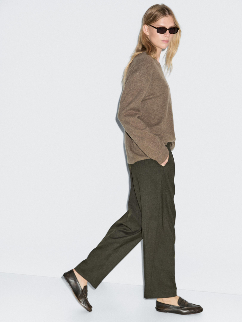 Massimo Dutti Брюки широкого кроя с вытачками и эластичным поясом, темно-зеленый