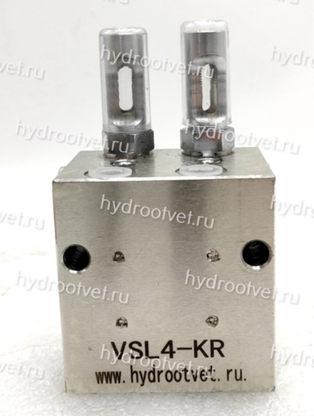 VSL4-KR - Питатель для двухлинейных систем смазки с рабочим давлением 400 бар, количество выходов 4, максимальная доза 5 мл/цикл, с регулятором и индикатором