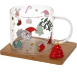 Кружка стеклянная 280мл «Новогодние чудеса» на бамбуковой подставке, цвета и рисунки микс