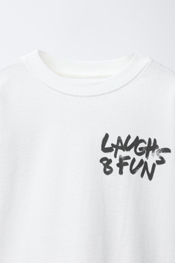 ZARA ФУТБОЛКА С ДВОЙНЫМИ РУКАВАМИ И НАДПИСЯМИ, БЕЛЫЙ