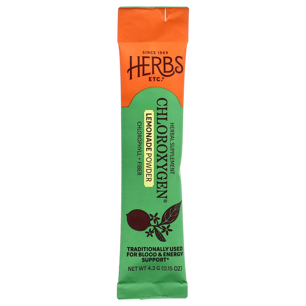 Herbs Etc., ChlorOxygen®, порошок из хлорофилла и клетчатки, со вкусом лимонада, 10 стик-пакетов по 4,3 г (0,15 унции)