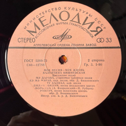 Винтажная виниловая пластинка LP Валентина Вишневская Моя Песня Моя Жизнь (СССР 1980)