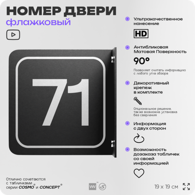 Табличка флажковая с номером 71 на дверь квартиры, для офиса, кабинета, аудитории, склада, черная двустороняя 19х19 см, Айдентика Технолоджи