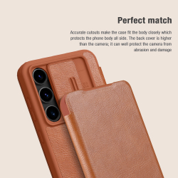 Кожаный чехол книжка коричневого цвета от Nillkin для Samsung Galaxy S24 FE, серия Qin Pro Leather с защитной шторкой для камеры