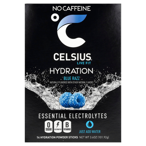 Celsius, Live Fit, увлажнение, незаменимые электролиты, без кофеина, синяя роза, 14 стиков в виде порошка для увлажнения, по 7,28 г (0,26 унции)