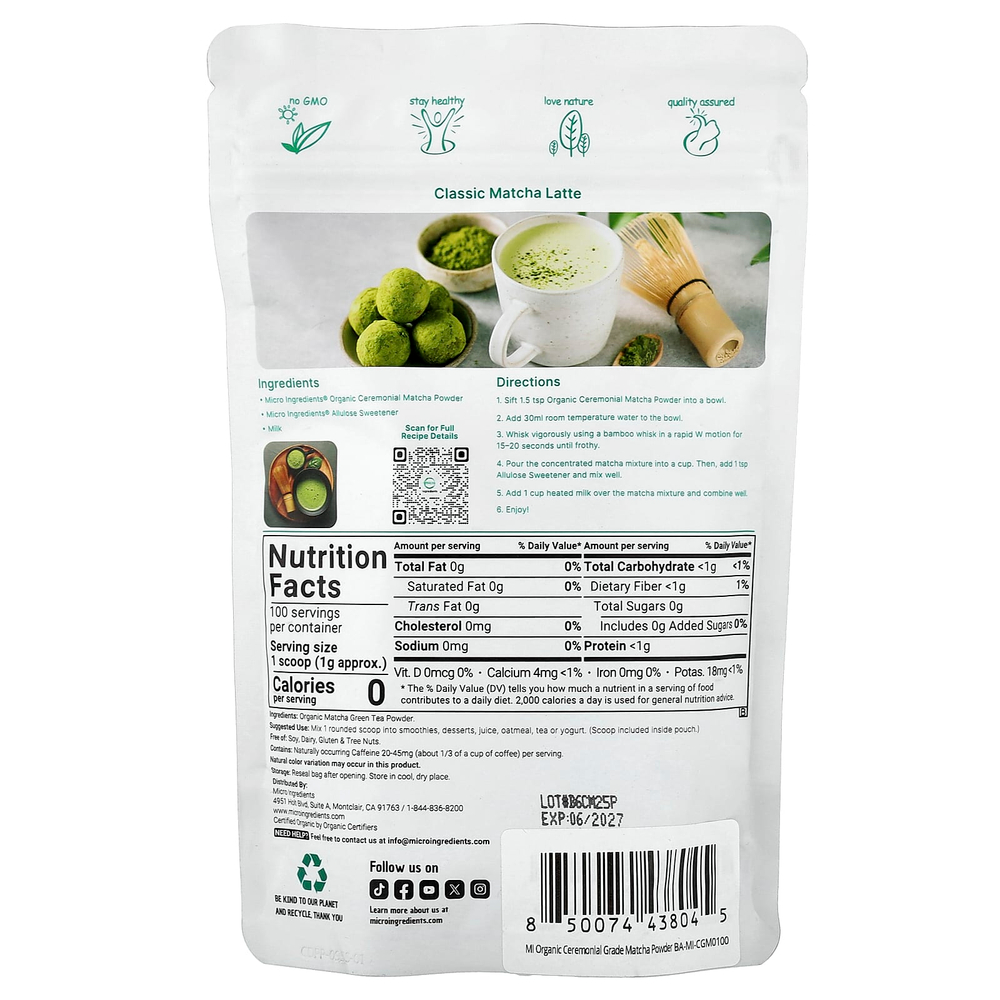 Micro Ingredients, органический церемониальный порошок матча, 100 г (3,53 унции)