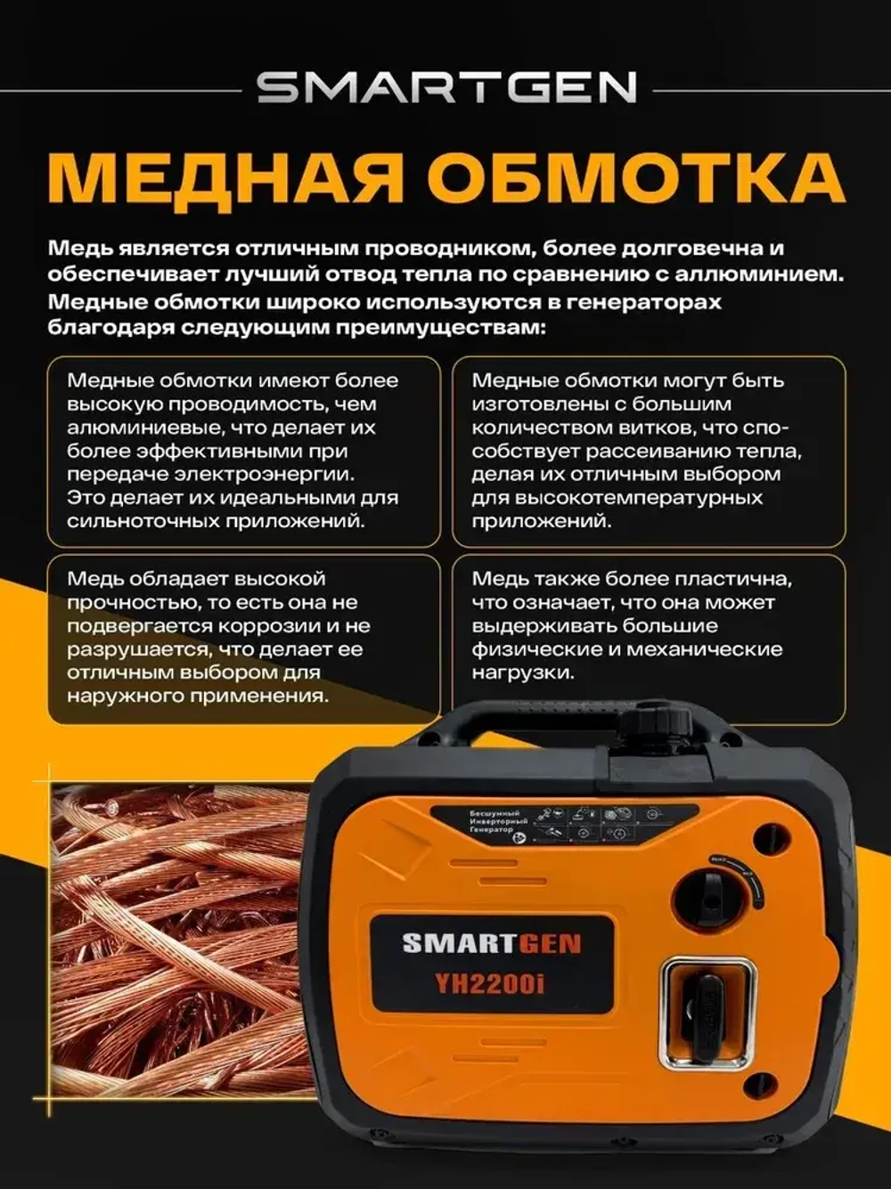 Генератор инверторный бензиновый SMARTGEN 2кВт 4л МЕДНАЯ ОБМОТКА