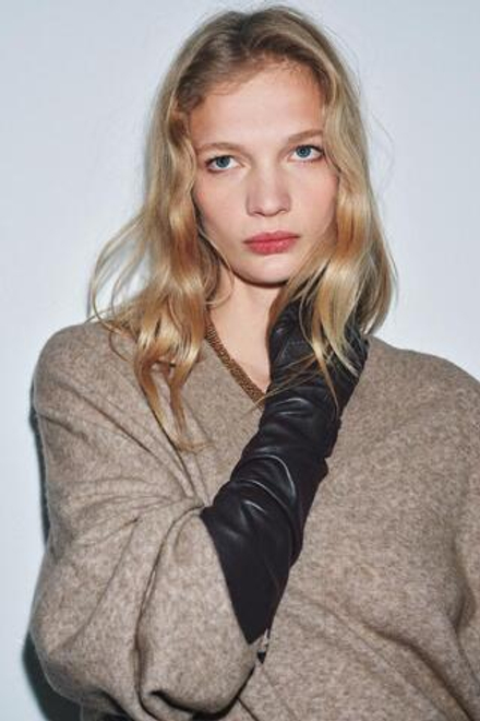 ZARA ДЛИННЫЕ ПЕРЧАТКИ ИЗ 100% КОЖИ, ШОКОЛАДНЫЙ