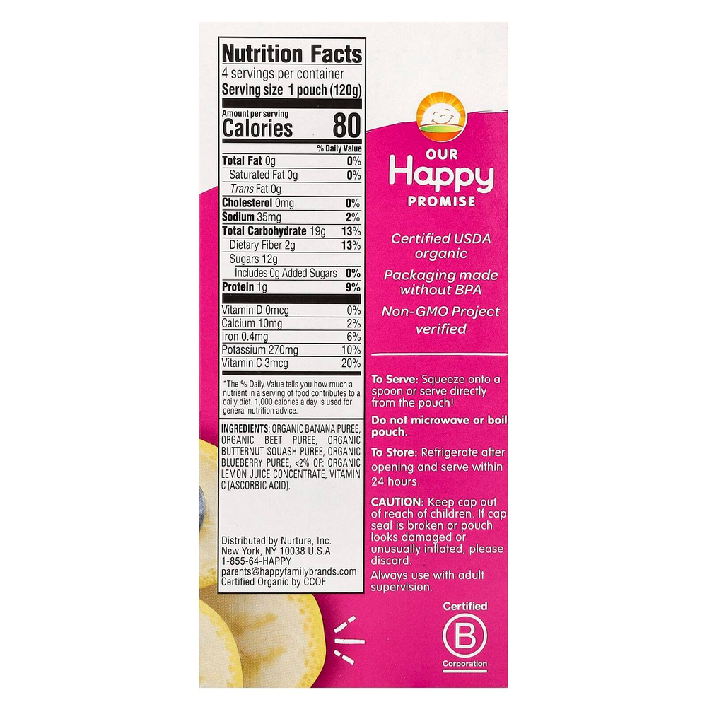 Happy Family Organics, Happy Tot, Love My Veggies, этап 4, органические бананы, свекла, тыква и голубика, 4 пакетика по 120 г (4,22 унции)