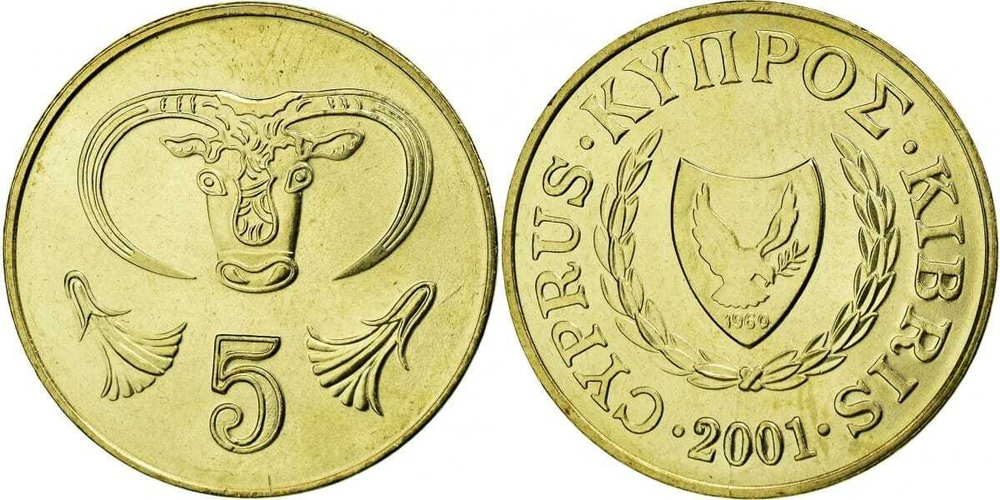 Кипр 5 центов, 1991-2004 Бык XF