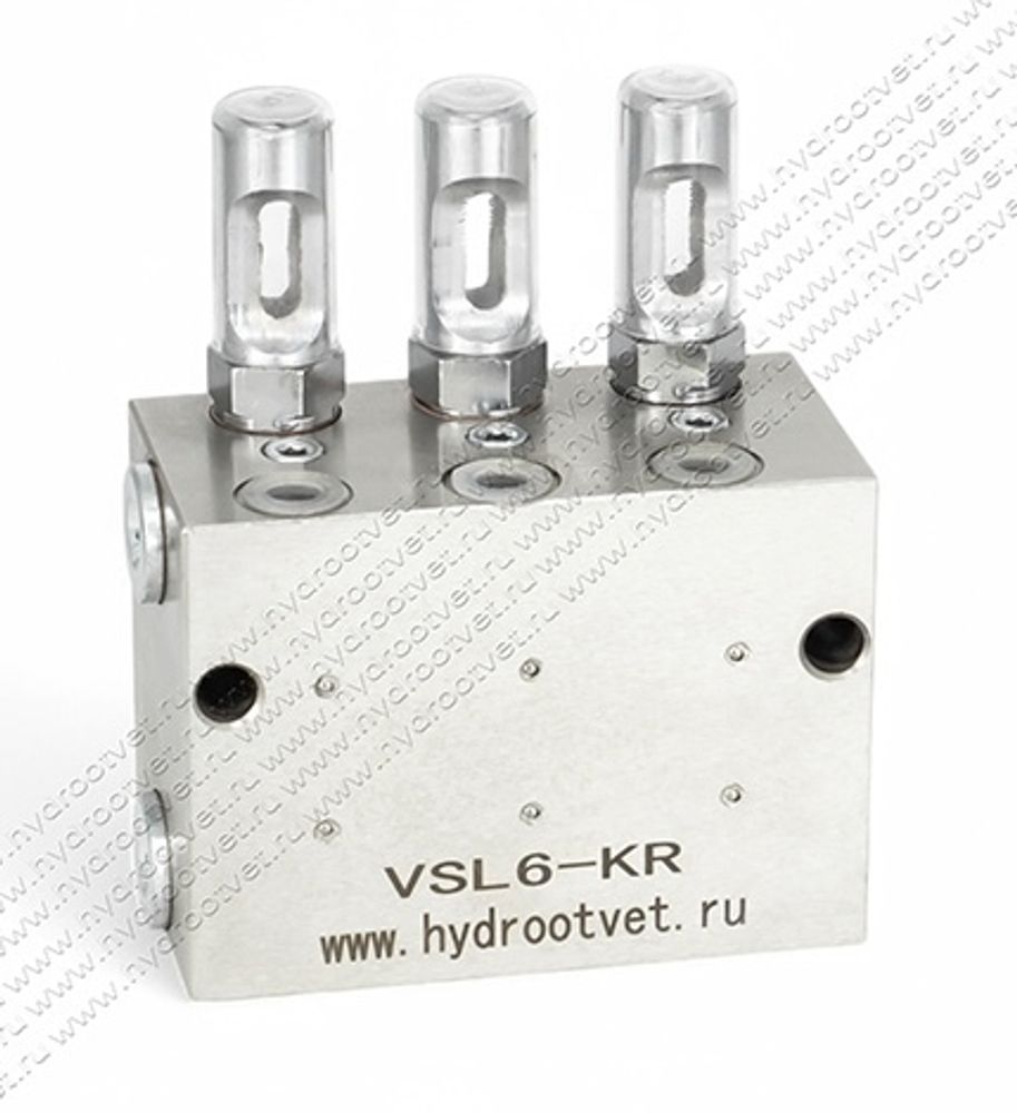 VSL6-KR - Питатель для двухлинейных систем смазки с рабочим давлением 400 бар, количество выходов 6, максимальная доза 5 мл/цикл, с регулятором и индикатором