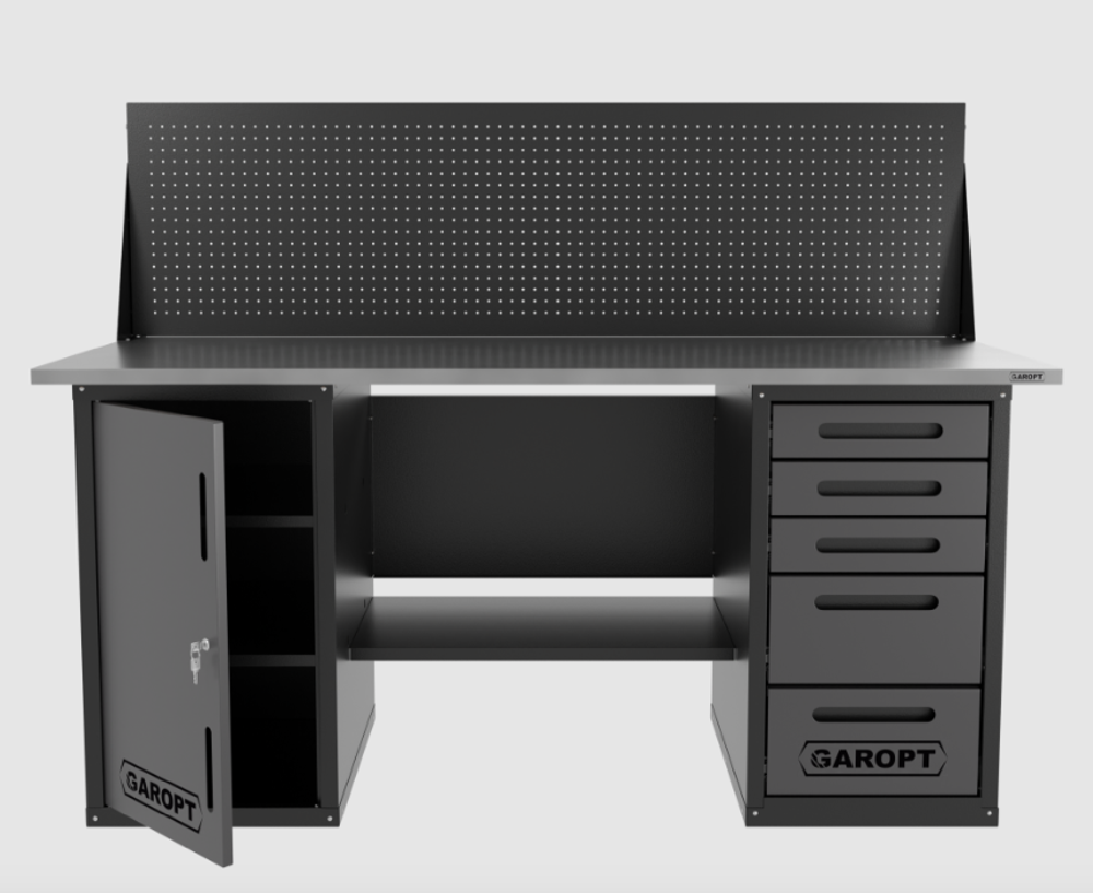 Верстак двухтумбовый дверь/5 ящиков с экраном, серый 1800*700 Garopt, GT1800DY5PP.grey