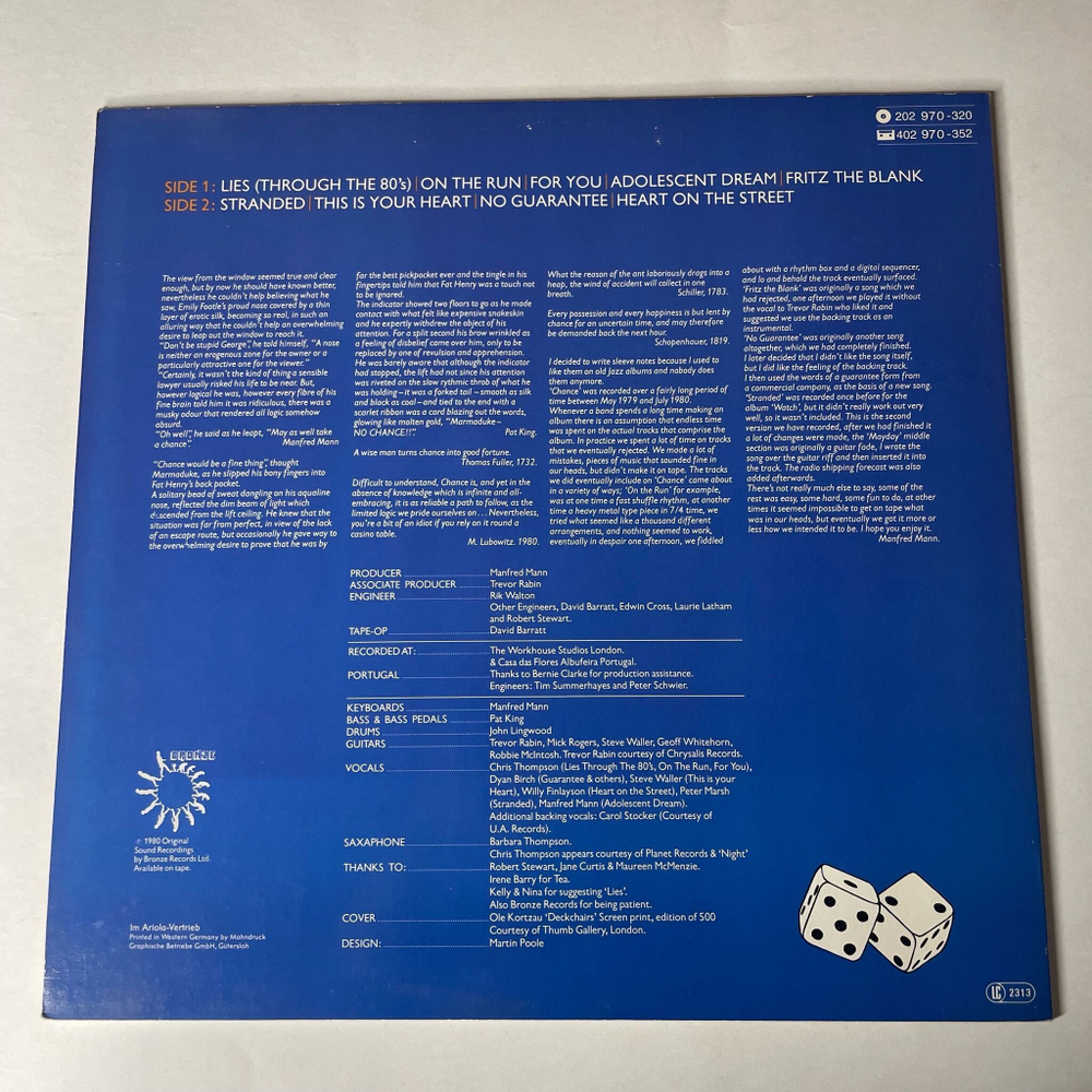 Винтажная виниловая пластинка LP Manfred Mann Earth Band Chance (Germany 1980) For You