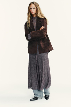 ZARA ПЛАТЬЕ ИЗ МЯГКОГО КРУЖЕВА, ТЕМНО-ЛИЛОВЫЙ