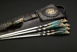 Подарочный набор шампуров "Премиальный", Карельская береза, чехол из натуральной кожи