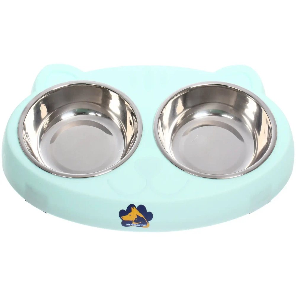 Миска пластиковая двойная с с металлическими чашками «КОТИКИКИС», цвет голубой, 27*17*4см / 150мл