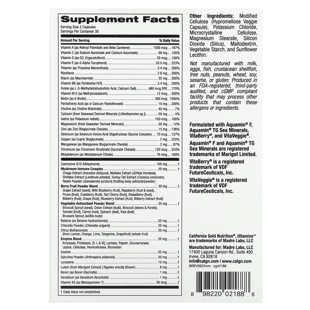 California Gold Nutrition, Ultamins, мультивитаминный комплекс для мужчин с коэнзимом Q10, грибами, ферментами, овощами и ягодами, 60 растительных капсул