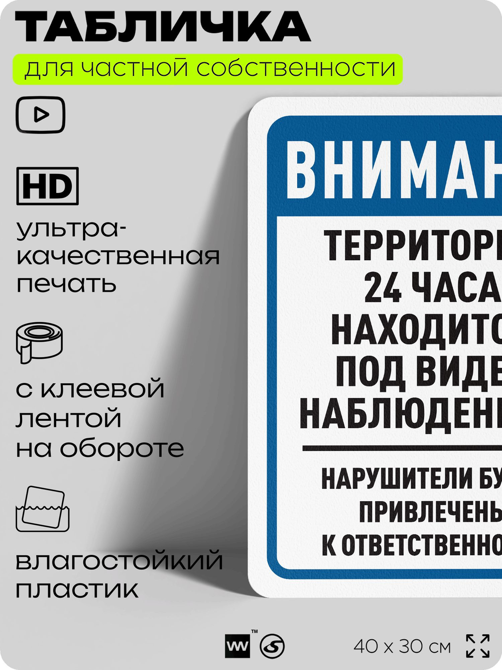 Табличка для частной территории "Внимание, территория находится под видеонаблюдением", на дом, для участка, организаций, предупреждающая, 40х30 см, Silver Plane x Айдентика Технолоджи