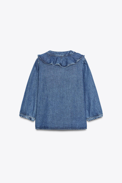 ZARA ДЖИНСОВАЯ РУБАШКА Z1975 С ВОЛАНАМИ, ВЫЦВЕТШИЙ СИНИЙ