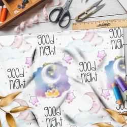 Ткань муслин акварельное ночное небо с ярким месяцем