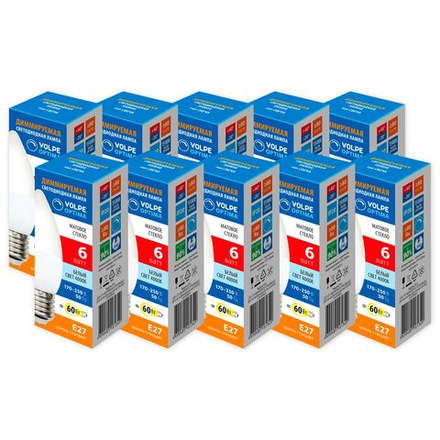 LED-C37-6W-4000K-E27-FR-DIM-SLS Набор из 10штук Лампа светодиодная. диммируемая. Форма свеча. матовая. Серия Optima DIM. Белый свет 4000K. ТМ Volpe
