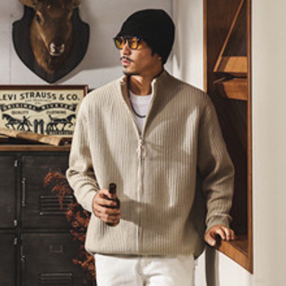 Американский ретро кардиган плотная вязка,для мужчин весной и осенью, новый стиль, трикотажная куртка с воротником-стойкой для мужчин осенью и зимой