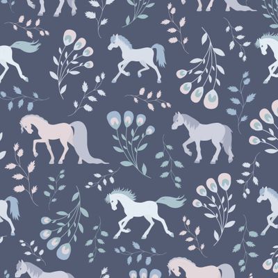 Seamless pattern, fairy horses and floral ornament/ Лошади и цветочный орнамент