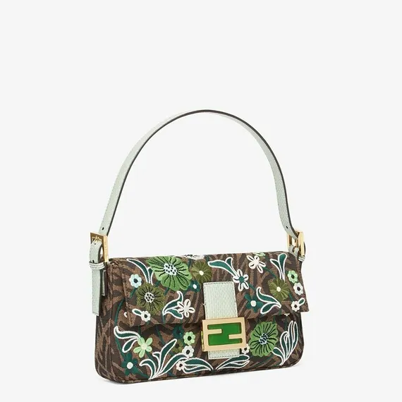 Сумка Fendi из жаккарда с узором FF Vertigo и вышивкой коричневый/зеленый