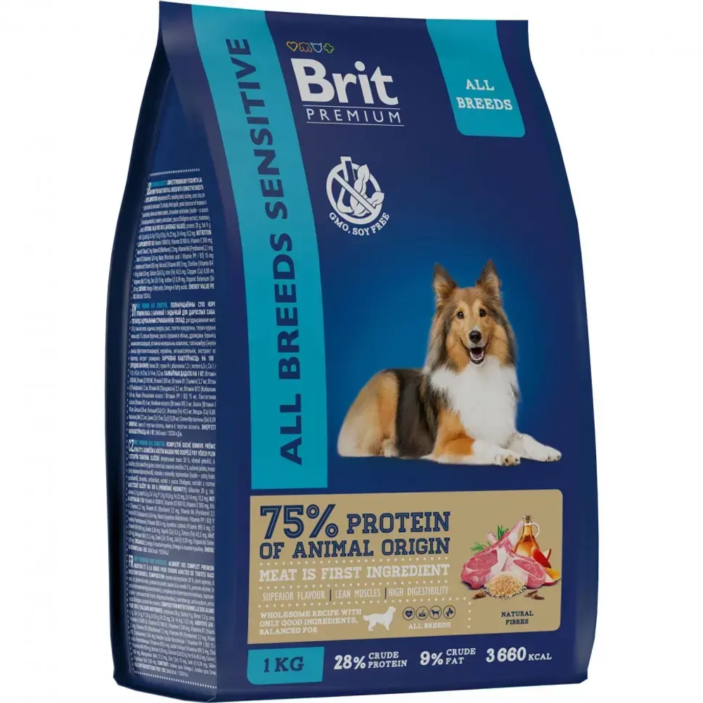 Brit premium dog sensitive сухой корм для взрослых собак всех пород с чувствительным пищеварением с ягненком и индейкой - 1 кг
