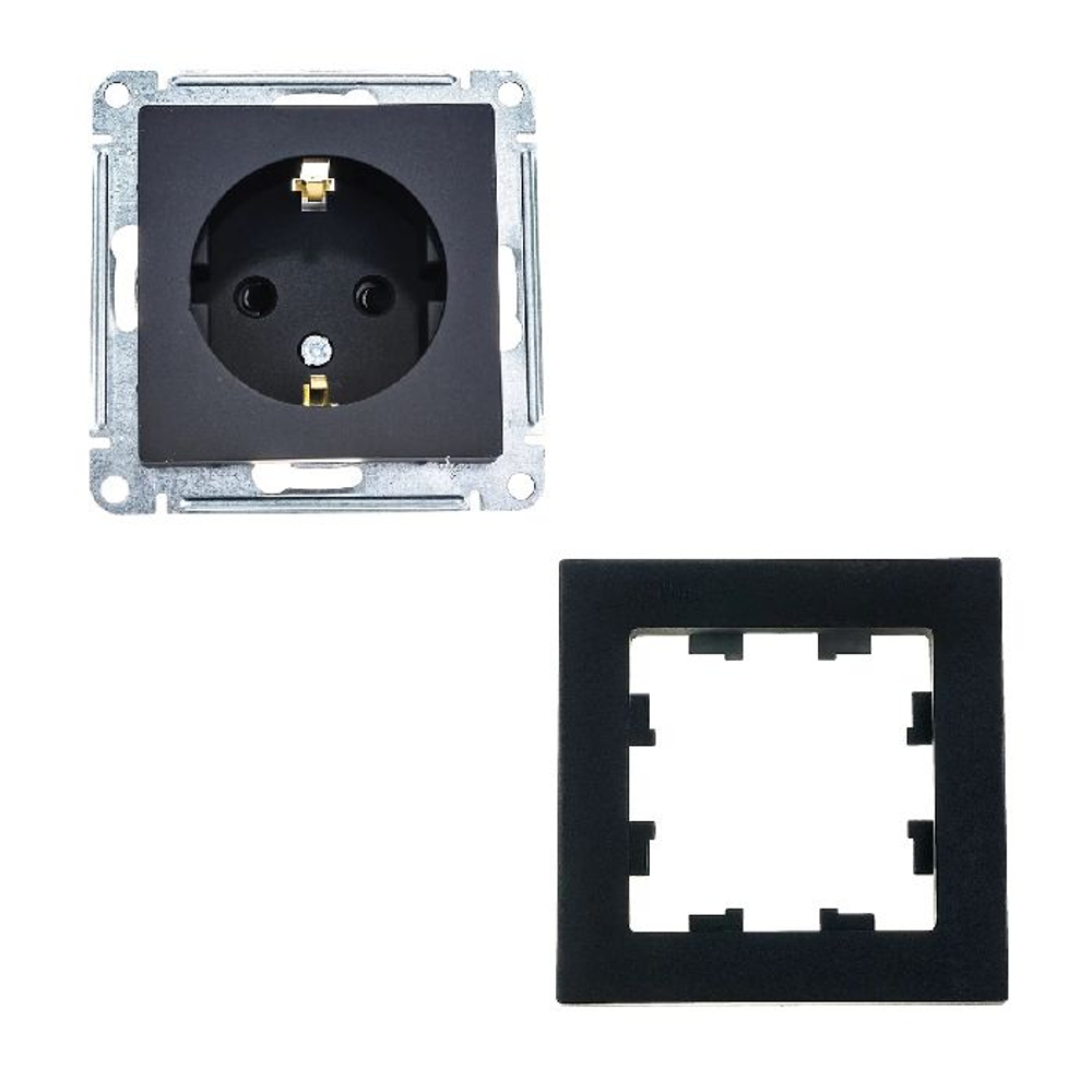 ATLASDESIGN РОЗЕТКА с заземлением со шторками, 16А, механизм, КАРБОН+рамка 1