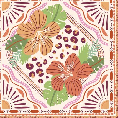 Геометрическая тропическая плитка с цветами и леопардовыми пятнами