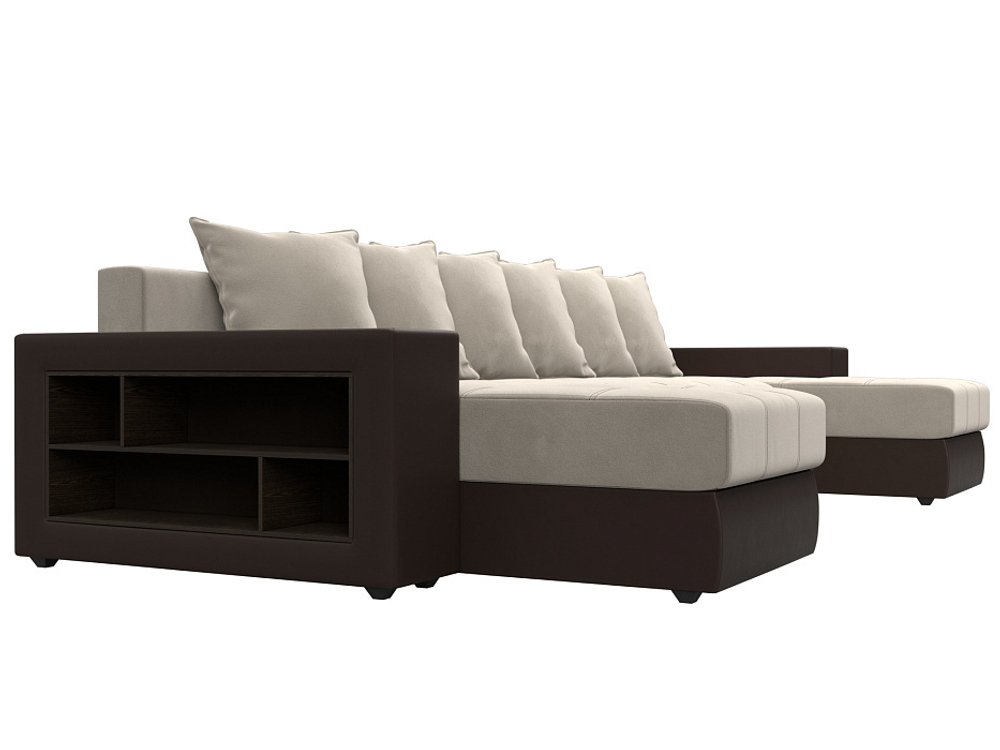 Диван П-образный Дубай полки слева, Бежевый\Коричневый, Микровельвет\Экокожа, 31510