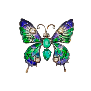 Авторская брошь «Бабочка» с витражной эмалью и изумрудами