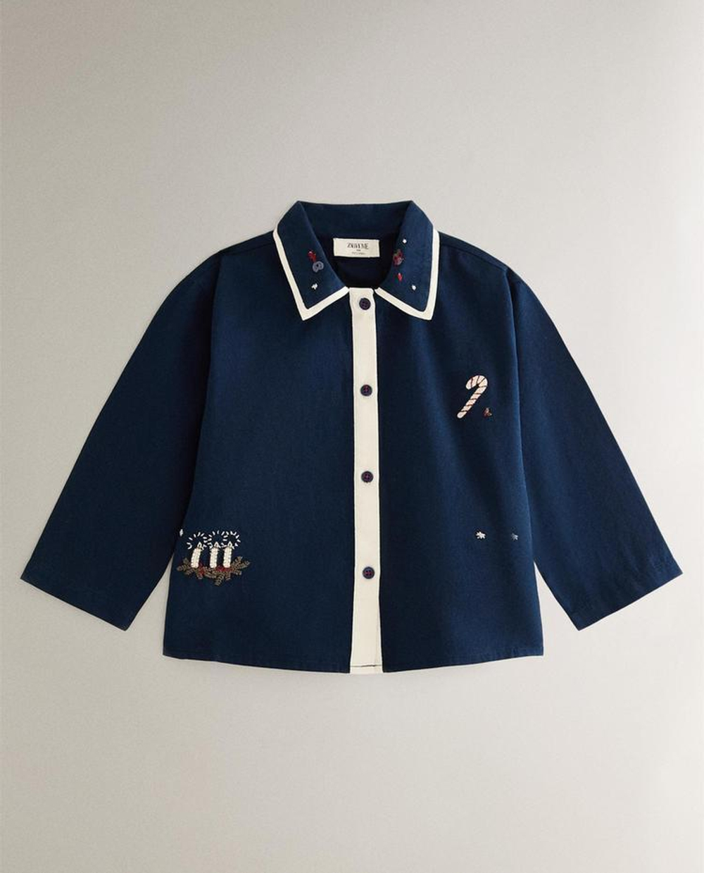 ZARA HOME ДЕТСКАЯ ПИЖАМА С РОЖДЕСТВЕНСКОЙ ВЫШИВКОЙ, СИНИЙ