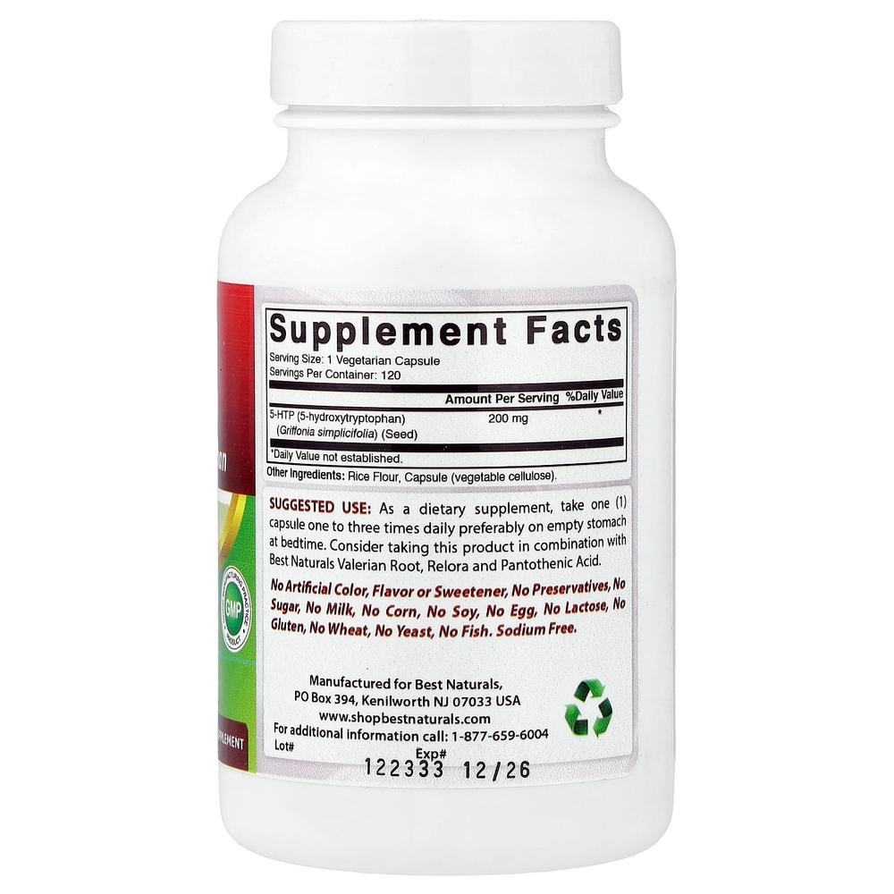 Best Naturals, 5-HTP, 200 мг, 120 вегетарианских капсул