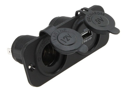 Гнездо зарядное USB 5В 2.4А на панель, черное, одинарное + прикуриватель