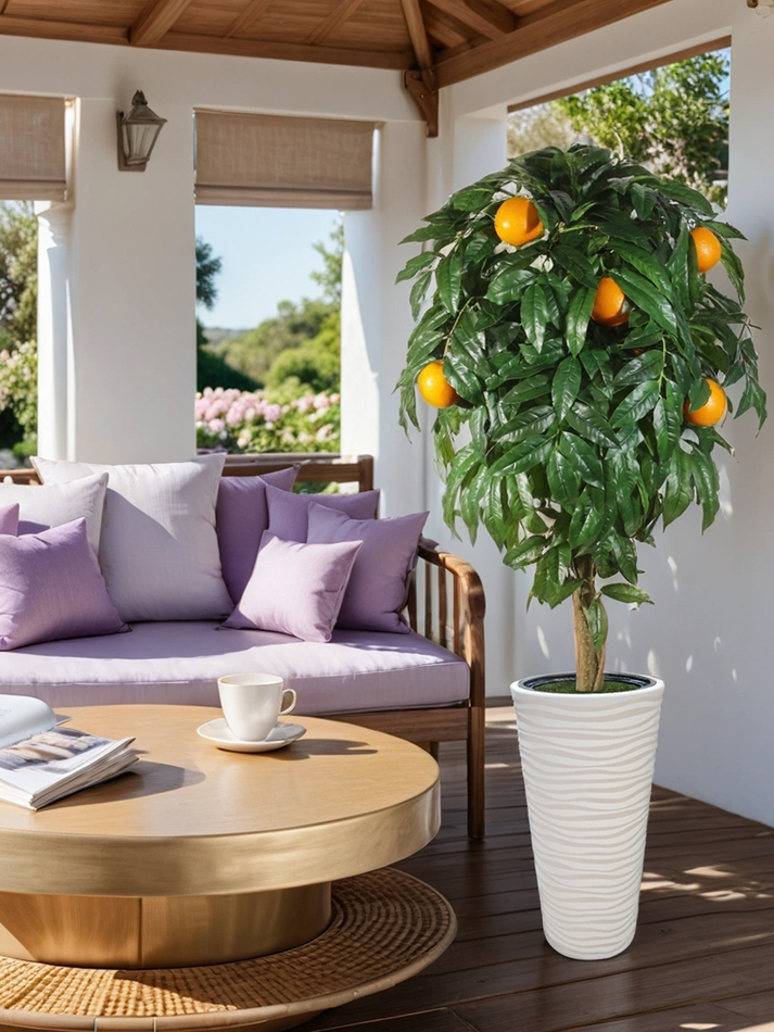 Искусственное дерево Апельсин 170 см в высоком круглом белом кашпо