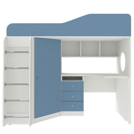 Кровать-чердак КарИВи Кадет 1 с металлической лестницей Белый  Светло-синий, голубой