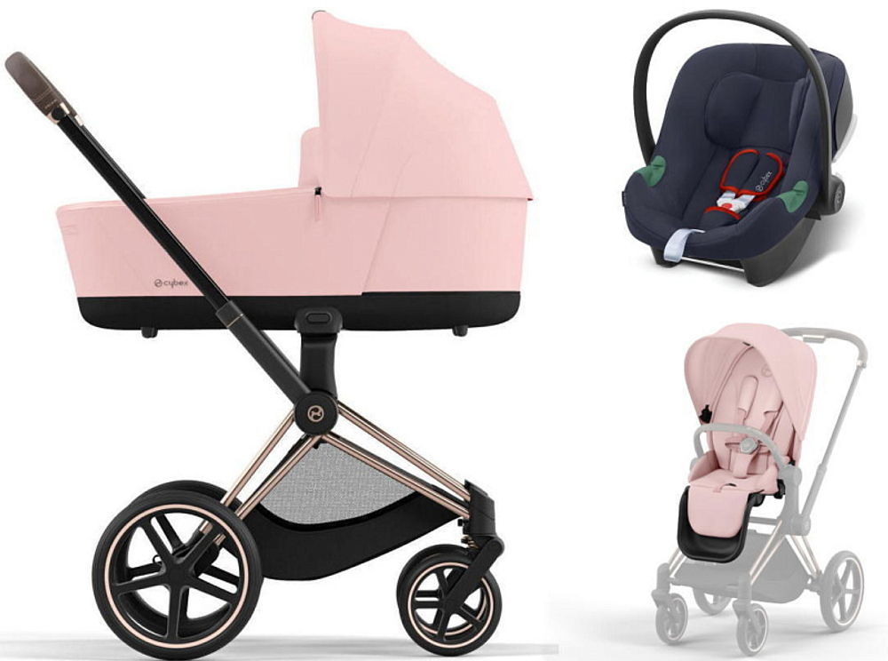 Коляска 3 в 1 Cybex Priam IV Rosegold complete и автокресло Aton B2 i-Size Bay Blue Peach Pink