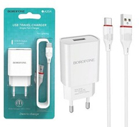 Сетевой адаптер питания BOROFONE BA20A 1USB 2.1A + кабель Type-C (белый)