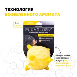 Сенсорный плюшевый мяч Playology PUPPY SENSORY BALL 11 см для щенков мелких и средних пород 8-16 недель с ароматом курицы, цвет желтый