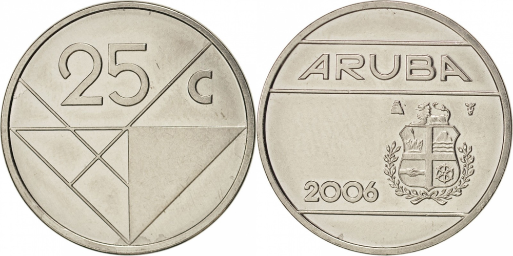 Аруба 25 центов, 1986 - 2024 Королева Беатрикс XF