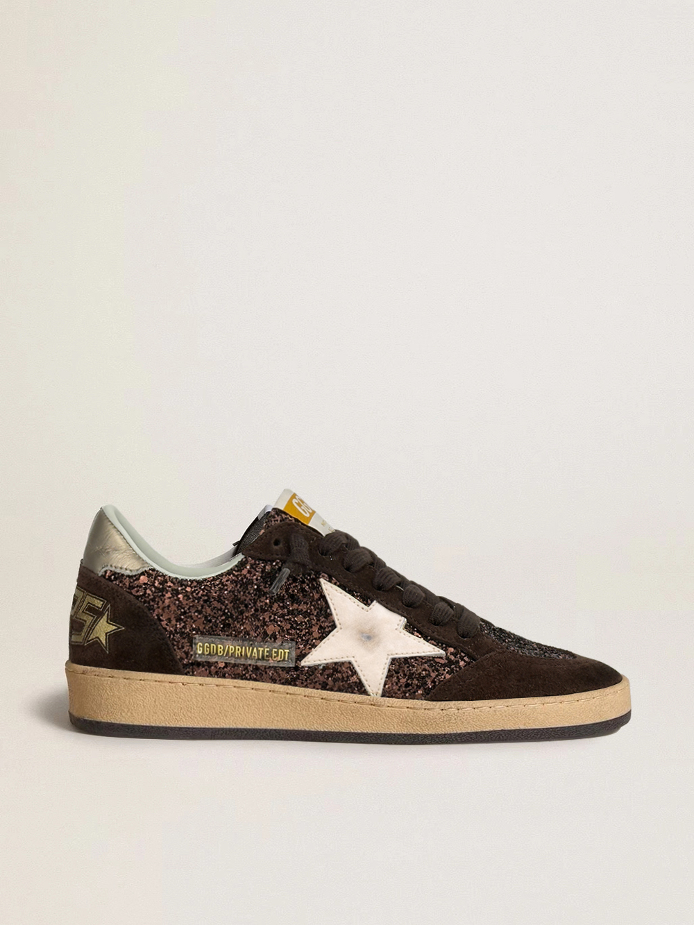 Ball Star in brown suede with silver glitter and golden metallic leather heel tab