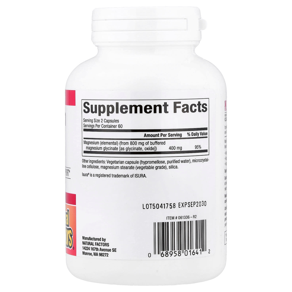Natural Factors, глицинат магния, 200 мг, 120 вегетарианских капсул