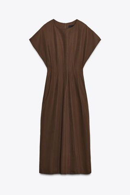 ZARA ПЛАТЬЕ МИДИ СО СБОРКАМИ — ZW COLLECTION, КОРИЧНЕВЫЙ