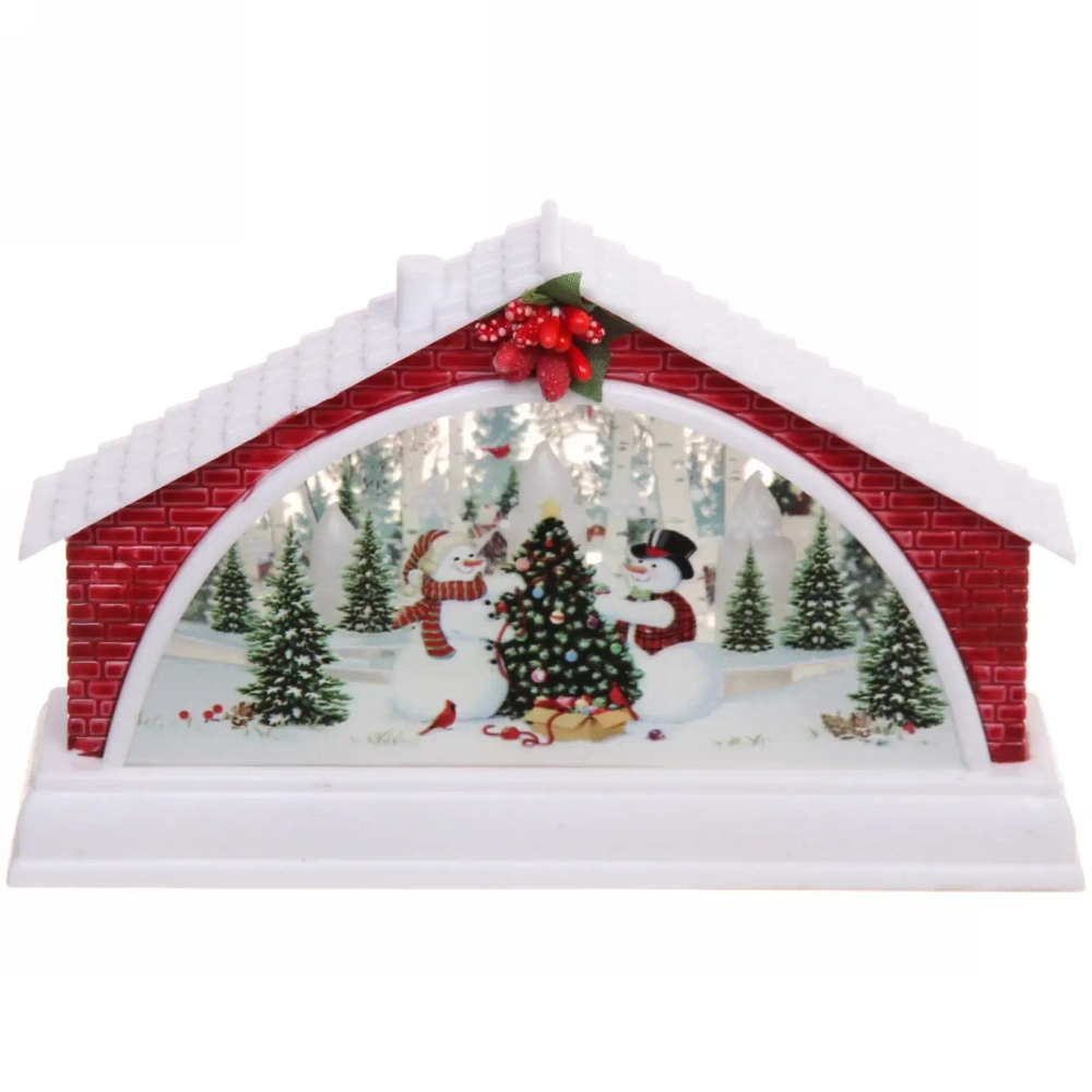 Сувенир с подсветкой «Домик с снеговиками» 15,5*4*9,5 см (работает от 2х батареек ААА)