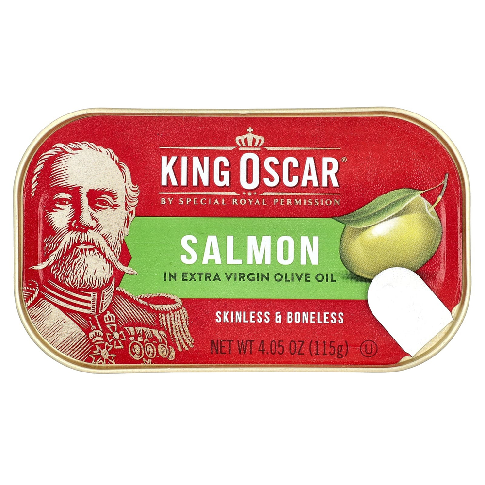King Oscar, лосось без кожи и костей, в нерафинированном оливковом масле высшего качества, 115 г (4,05 унции)